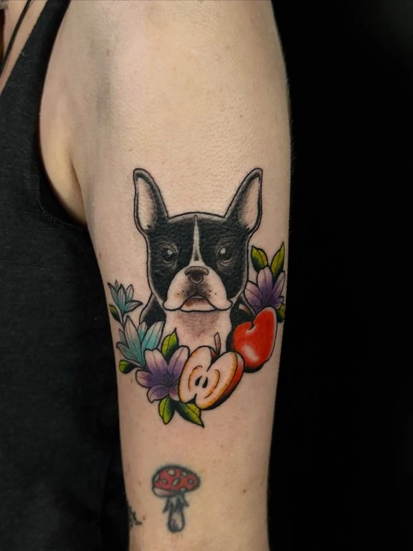 Traditional dog portrait in color, tattooed by Cara