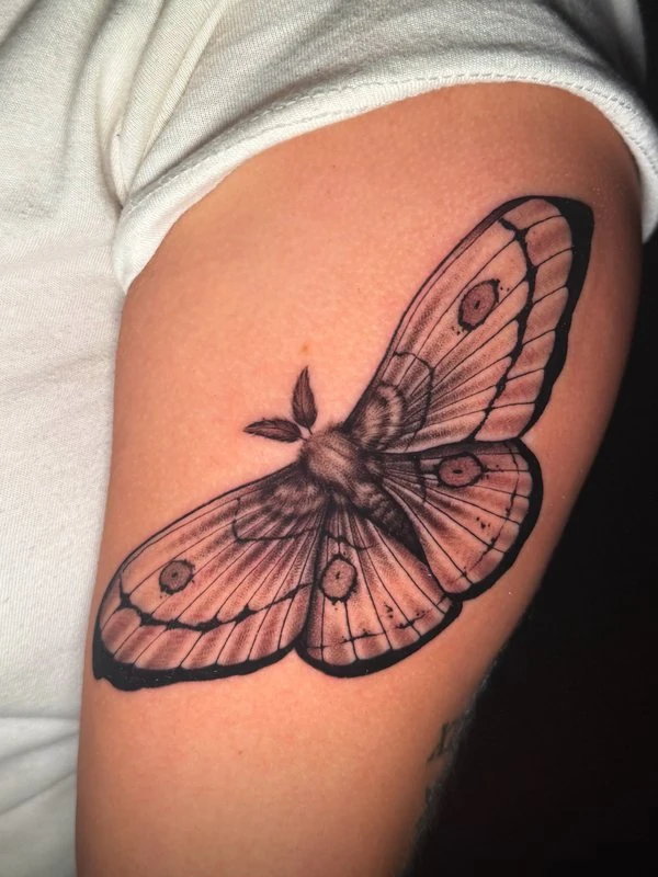Black and grey moth, tattooed by Tevin
