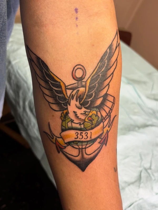 Eagle and anchor, tattooed by Cara